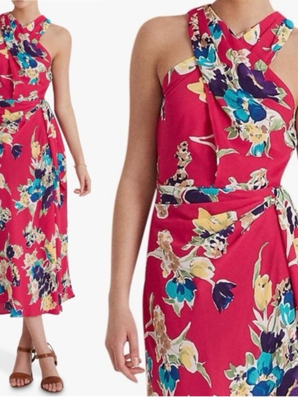 Lauren Ralph Lauren Fuchsia Floral Twist-Halter Midi Dress